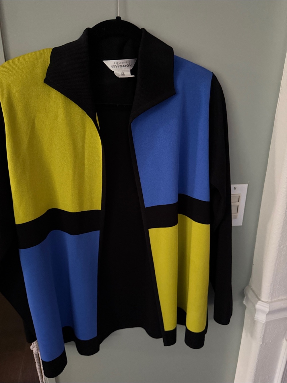 Misook Colorblock Open Cardigan in Blue, Yellow and Black